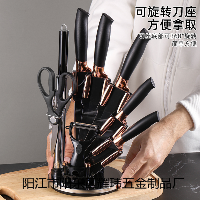 Cross border new kitchen cutter set 9 piezas conjunto de acero inoxidable chapado cabeza banda rotativa de acrílico cuchillo titular fábrica ahora details Picture