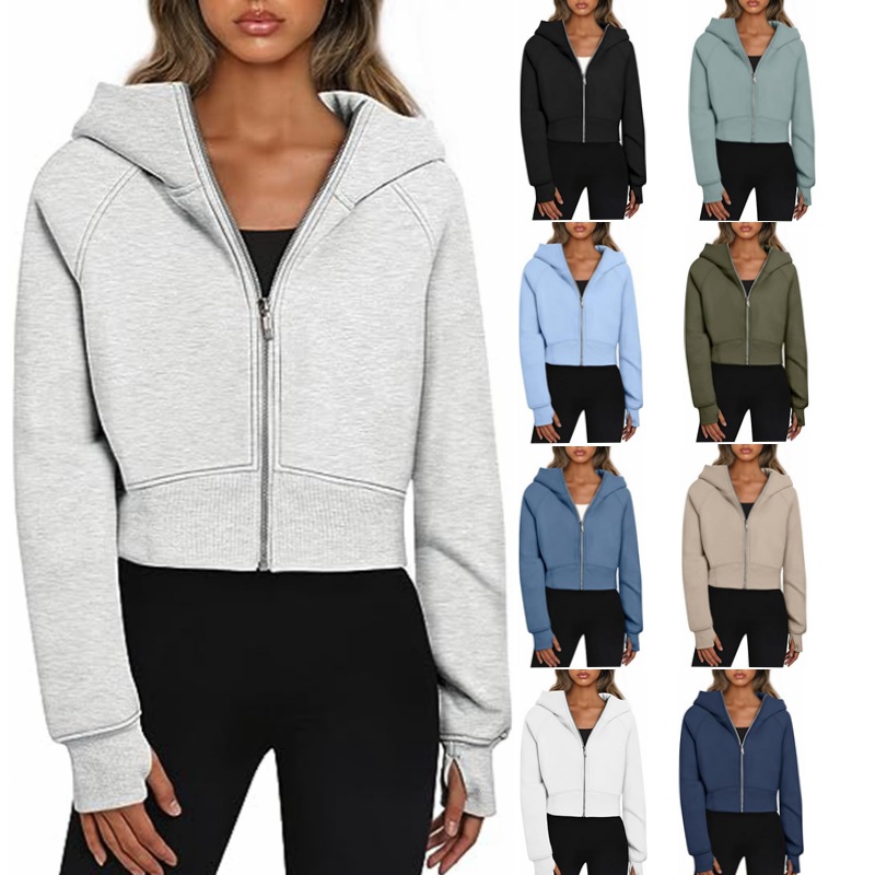 2025 European and American cross-border women's clothing Amazon hooded zipper short casual fleece long-sleeved sweatshirt