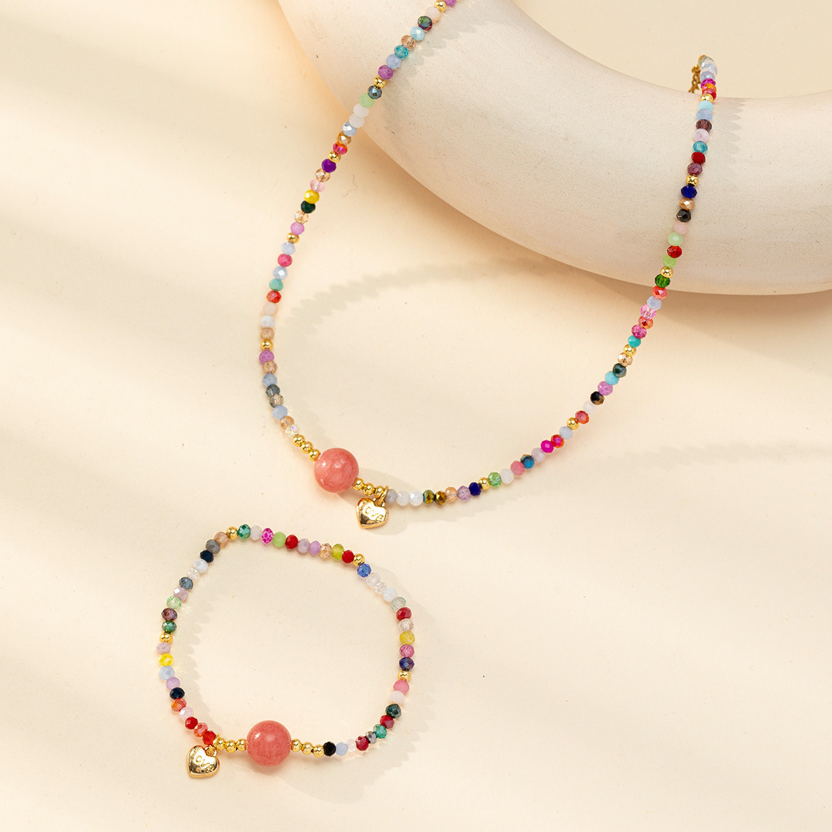 Factory direct sales of fashionable crystal agate stone heart necklace bracelet, women's retro style collarbone chain set jewelry