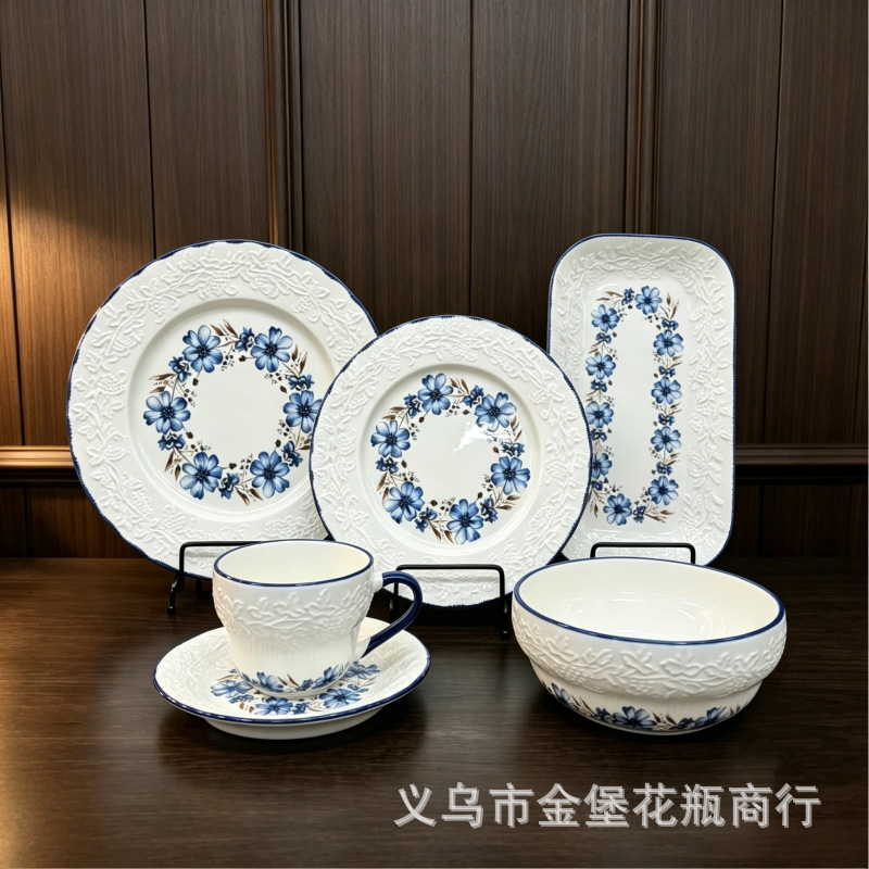 Cute cherry relief ceramic tableware set, red outline household bowls and plates, popular fruit ceramic tableware batch Specification image