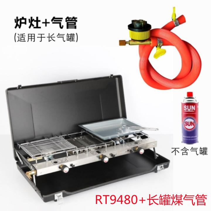 Factory direct sales of outdoor portable folding double-burner gas stove, camping and picnic windproof stove, gas stove with barbecue grill Specification image