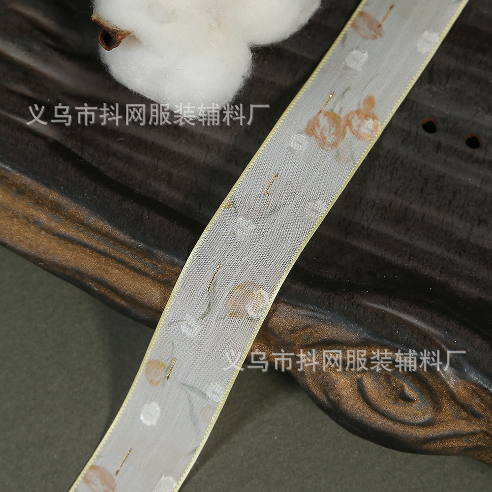 DIY colorful tulip flower snow gauze ribbon, bow hair accessory, printed ribbon, fresh flower material gift box, diy accessories Application Scenario