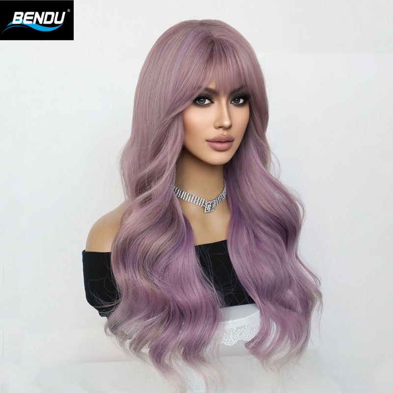 European and American ladies' large Wavy wig highlights dyed purple long curly hair Romanian purple synthetic fiber full wig Wavy wig Specification image