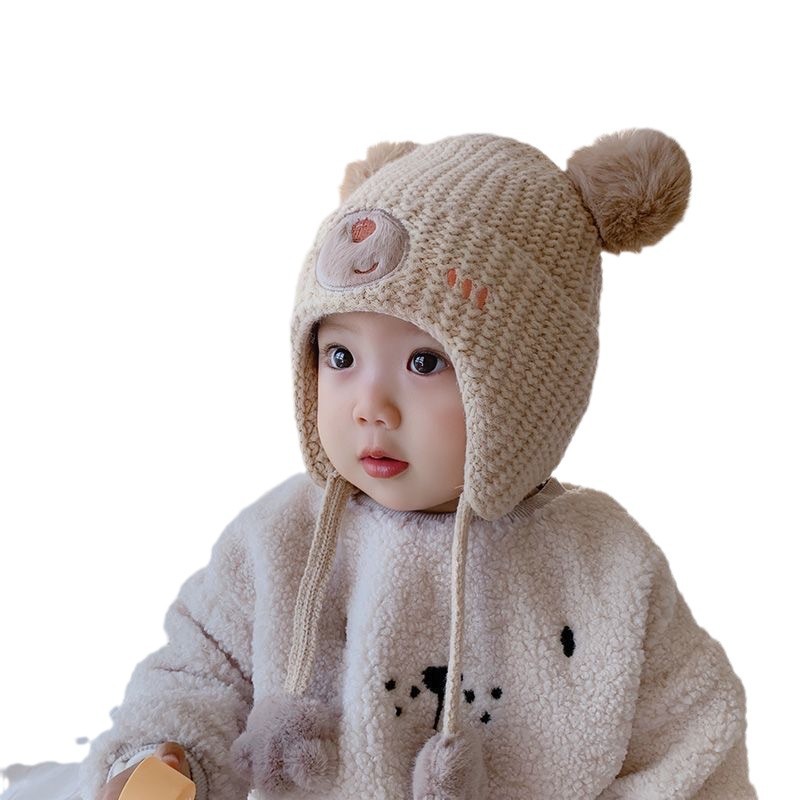 宝宝帽子秋冬季男女可爱儿童毛线帽婴儿帽冬款护耳棉帽防风男童白底实物图