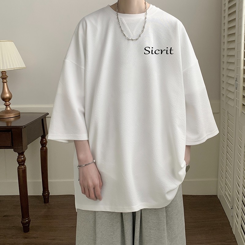 A loose white short-sleeved T-shirt for men's summer fashion, a trendy choice for young people and a large-sized five-quarter sleeve top Specification image