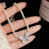 A niche, elegant, fashionable and gentle blue crystal butterfly pearl necklace for girls, fresh, sweet and versatile collarbone chain wholesale details Picture