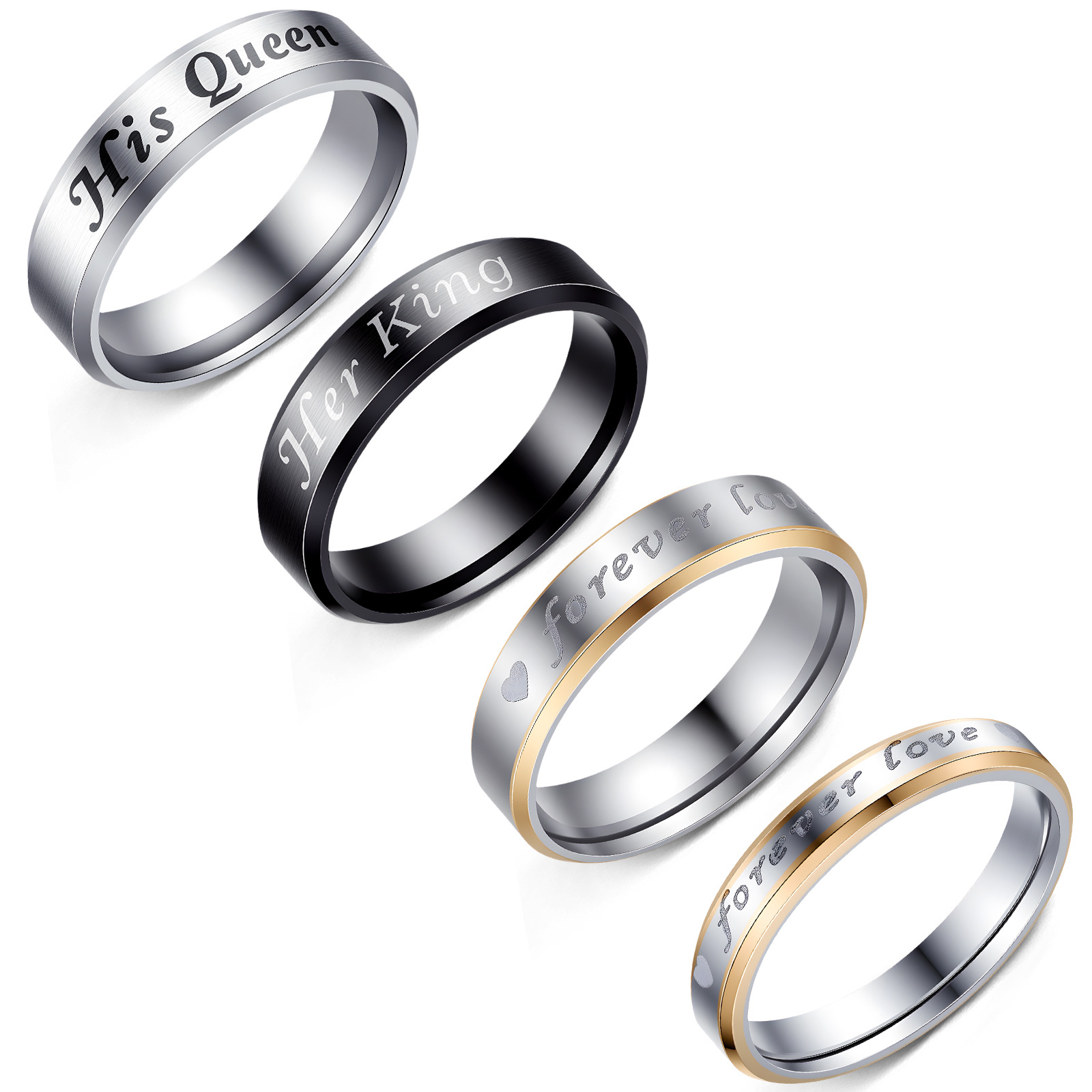 跨境热销永远爱你情侣对戒义乌小饰品工厂批发国王王后不锈钢戒指