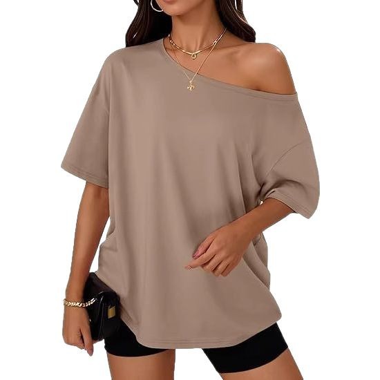 En stock 2026 europa y Estados Unidos crossover nuevo estilo mujer camiseta moda casual cuello inclinado top mujer punto manga corta top Item Picture