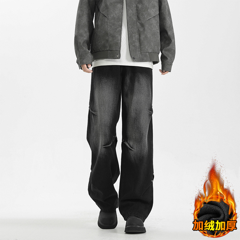 Retro straight-leg jeans, American high street men's winter trendy brand loose wide-leg fleece versatile loose long pants Specification drawing