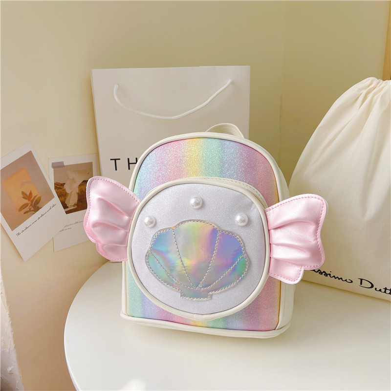 Rainbow gradient sequin backpack, pearl shell pattern, pink bow, outdoor hiking canvas schoolbag, lightweight and durable