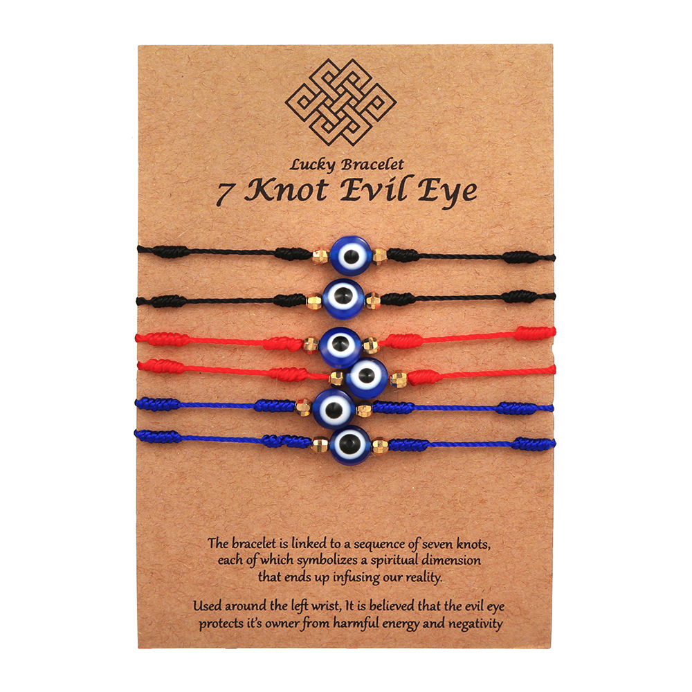 Cross-border 6-piece red, blue and black eye friendship woven bracelet, adjustable couple card lucky friendship bracelet Item Picture
