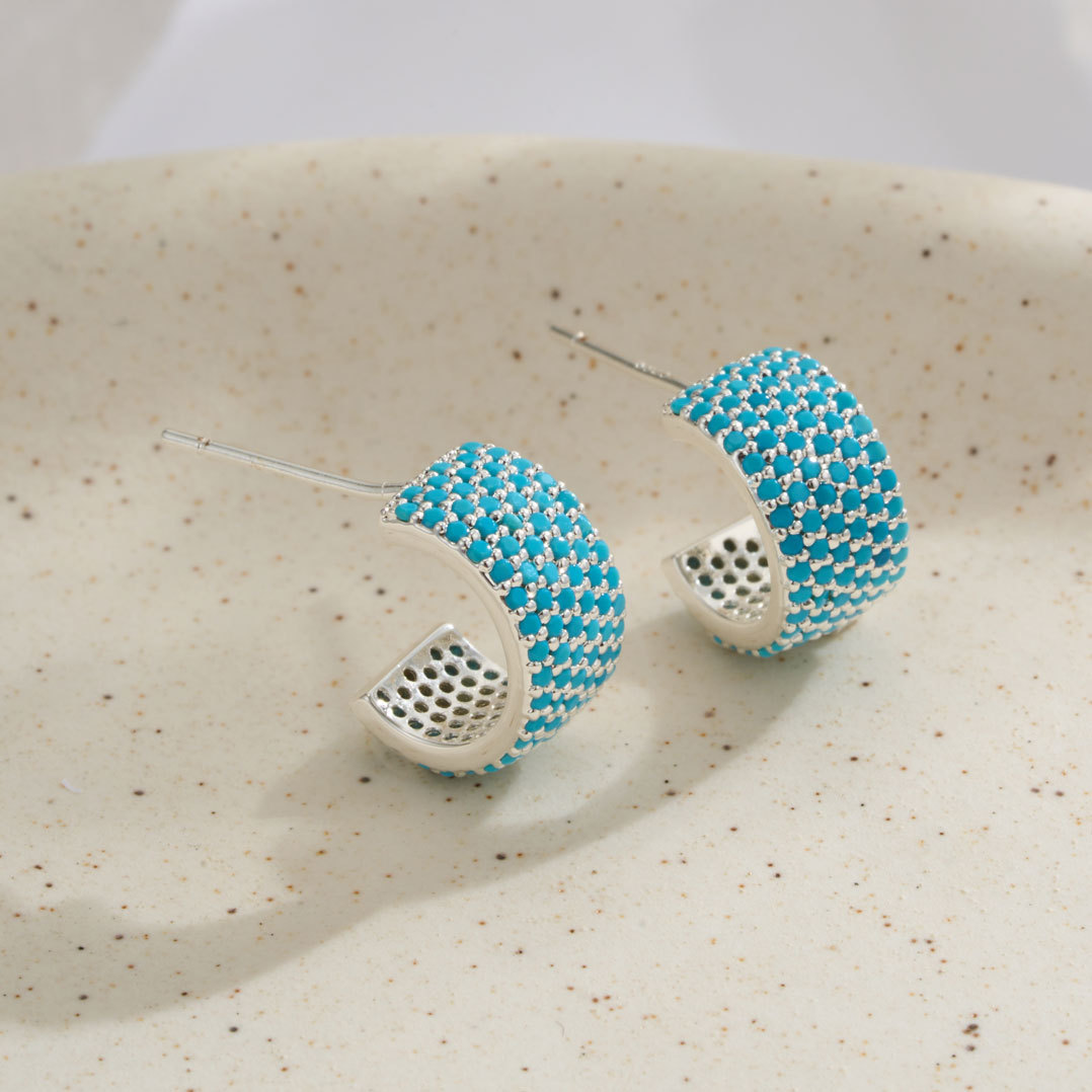 Heavy industry wide-faced blue pine zirconium ear studs, copper alloy micro-inlaid with zirconium s925 silver needles, light luxury and high-end exquisite women's earrings details Picture