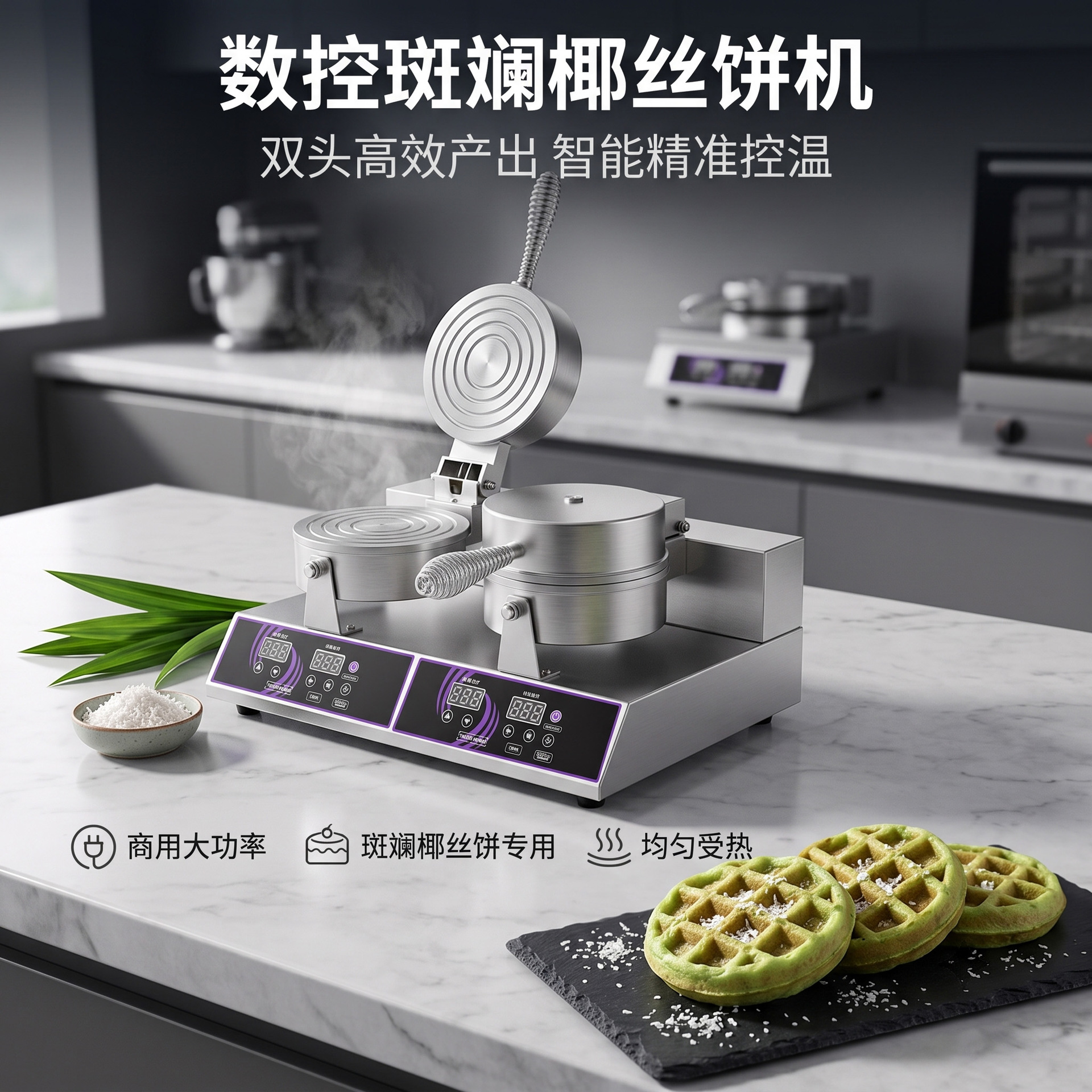 A manufacturer of commercial intelligent temperature control and uniform heating equipment for making waffles with a CNC double-head pandan coconut cake machine