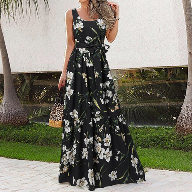 2026 New Amazon and ebay bestsellers, European and American wish Summer printed casual long dress with belt Specification drawing