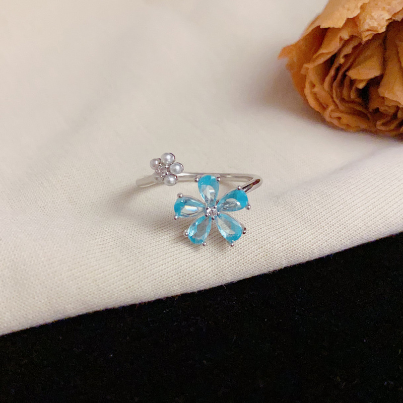 A fresh and fashionable blue flower-shaped open ring for women, simple and sweet, versatile index finger ring accessory source manufacturer details Picture