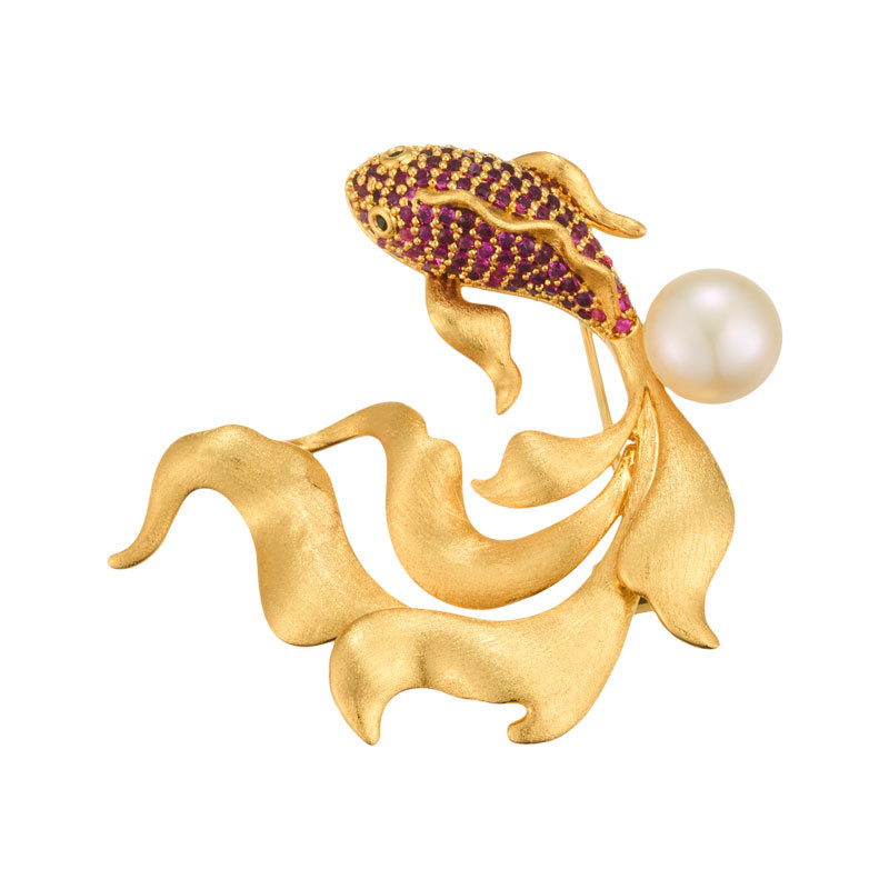 Original design: Annual Surplus Golden koi brooch, copper real gold electroplated brushed inlaid zircon freshwater pearl pin Item Picture