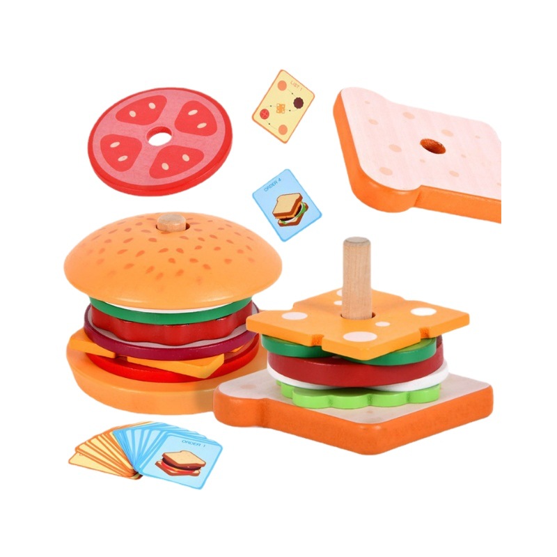 Simulated hamburger sandwich sets, column-accumulated wooden house play, 0-3 years old children's educational toys wholesale, kitchen cross-border Item Picture