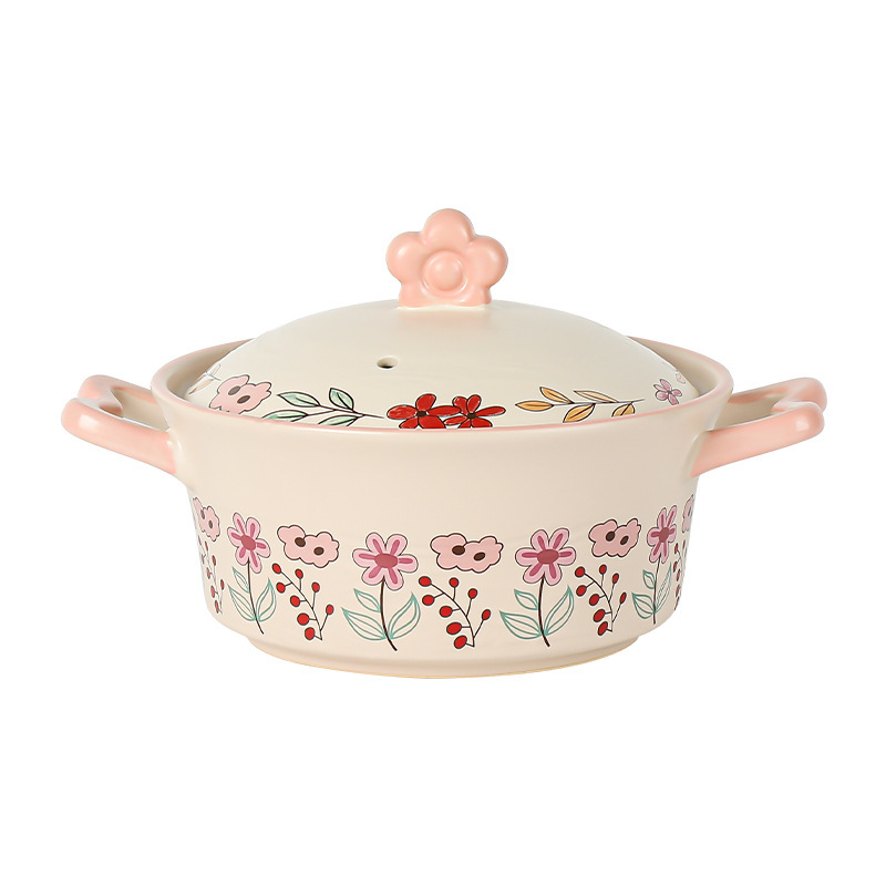 Hand-painted flower tree pattern clay pot for home use, high-temperature resistant, dry-burning without cracking, large soup pot, gas stove special soup pot for stewing and making soup Item Picture