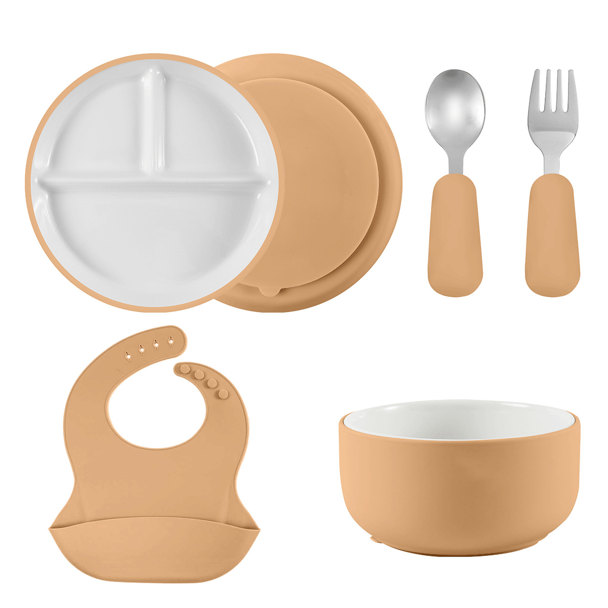 Wholesale of cross-border best-selling children's complementary food ceramic silicone plates, bowls, forks, spoons, bibs, and durable ceramic feeding sets Application Scenario