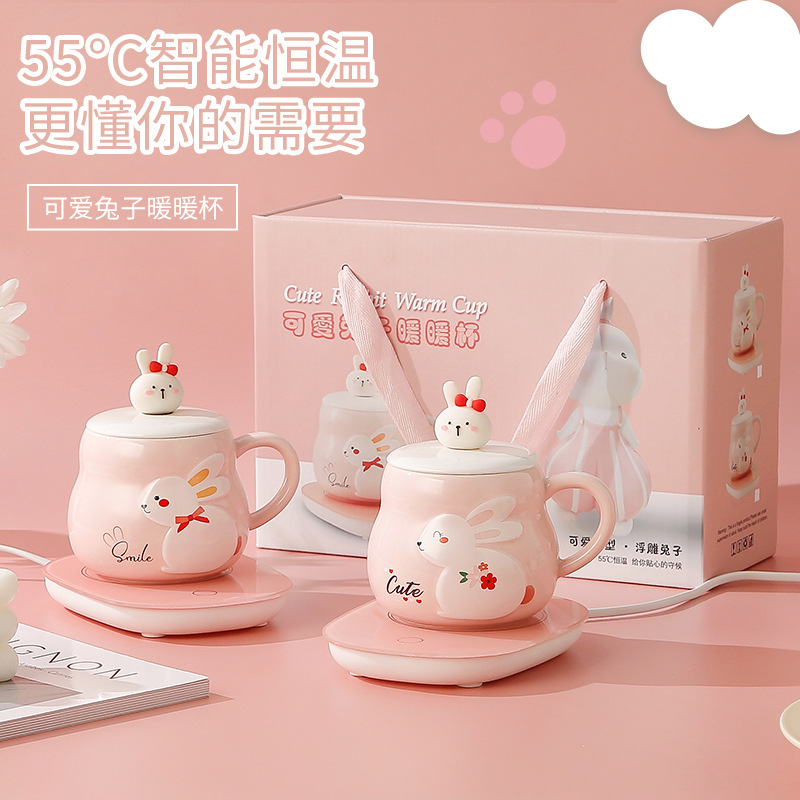 Rabbit Warm Warm Constant Temperature Cup, Heating Coaster, 55-degree Insulated Ceramic Cup, Cute Gift Water Cup, Souvenir Set