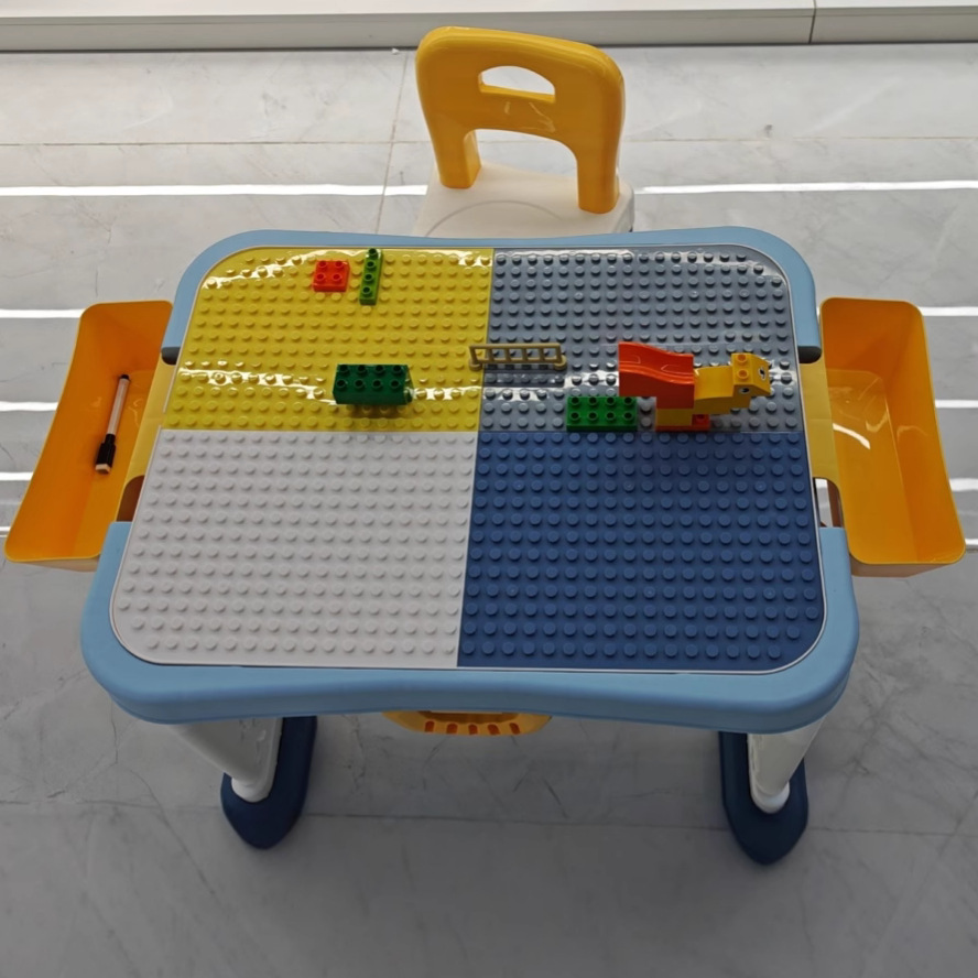 Children's 6-in-1 building block table compatible with large particle assembly, educational toys, multi-functional lifting and storage, learning and playing table details Picture