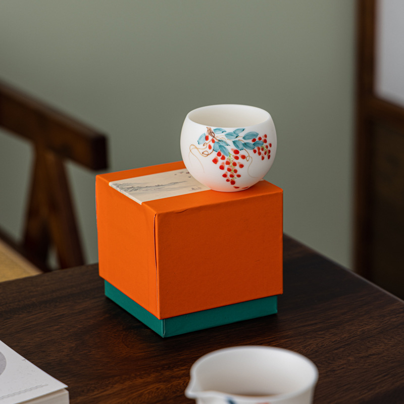 手绘素烧羊脂玉瓷主人杯伴手礼茶杯中国白茶具商务礼品套装品茗杯