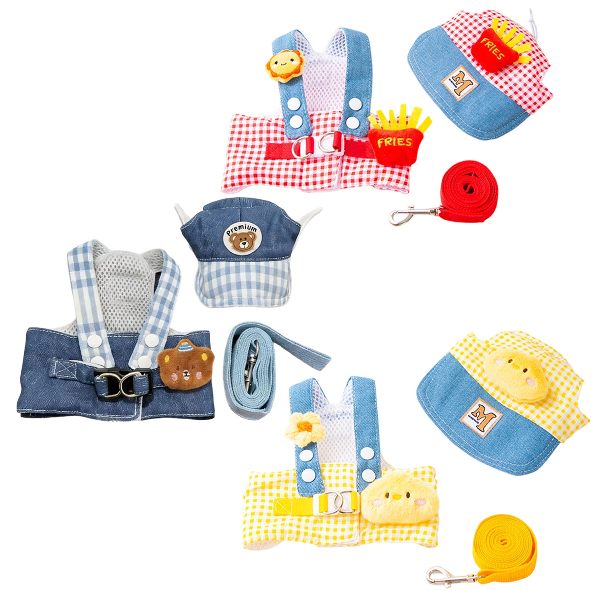 Pet denim checkered chest strap, leash, cute doll hat set, teddy bichon Frise dog walking supplies Item Picture