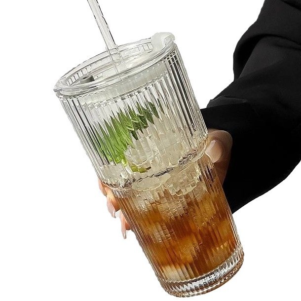 Free shipping, Ins-style glass cup, high appearance level, straw cup, large-capacity vertical pattern water cup, cold drink, juice and coffee cup with lid Item Picture