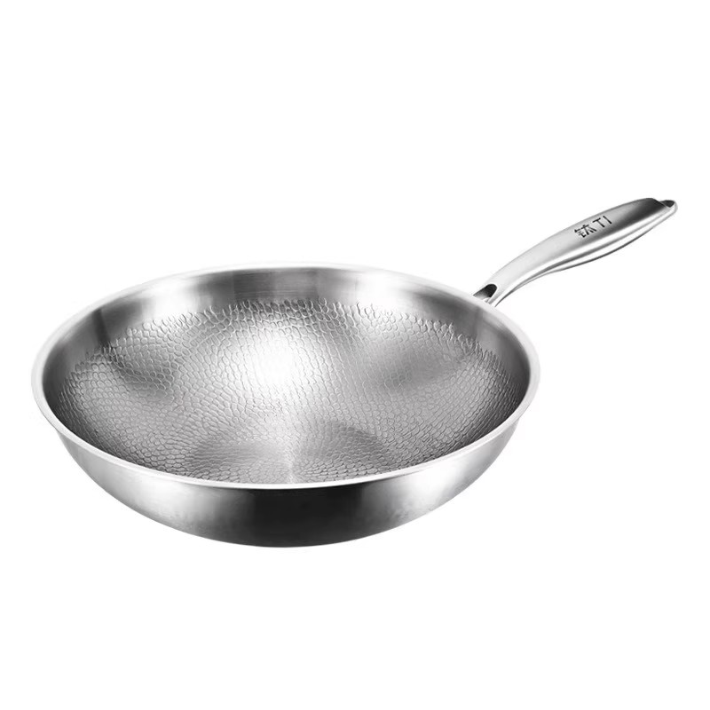 Titanium pot, thickened stainless steel wok without coating, hammer-textured household flat-bottomed cooking wok, gas stove, induction cooker, non-stick pan Item Picture