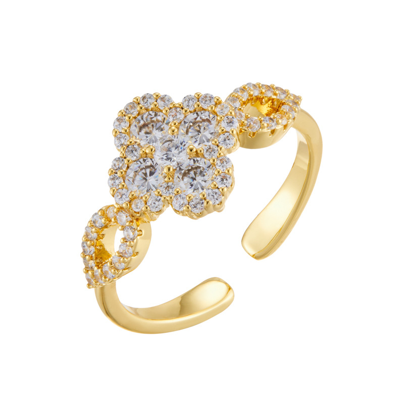 French light luxury four-leaf clover open ring, copper alloy, real gold electroplated with zirconium, adjustable index finger ring new style Item Picture