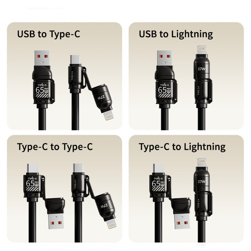 Crossover 4 en 1 65W cable de resorte aplicable para el coche apple carplay huawei coche pantalla de lanzamiento cable de datos espiral Specification image