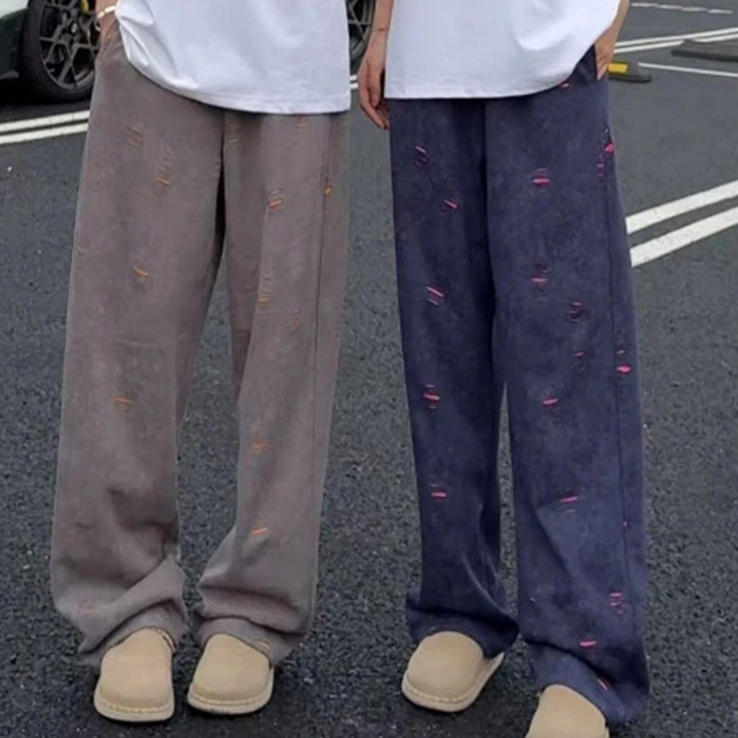 Spring and Autumn color-blocking sweatpants, irregular perforated curved knife pants, straight-leg long pants, men's trendy ins wide-leg casual pants details Picture