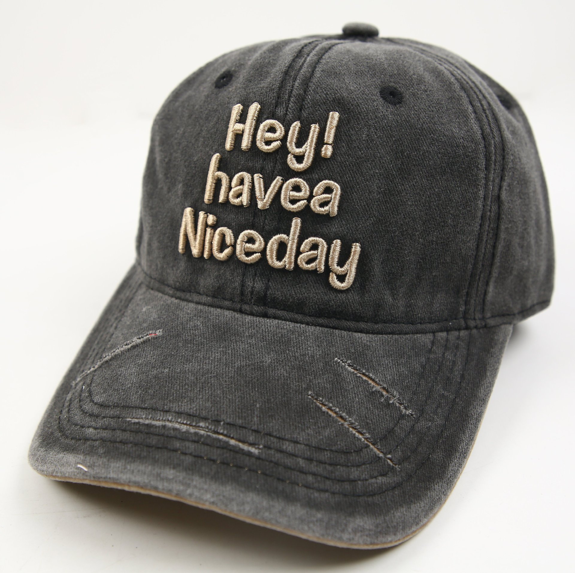 Retro washed denim caps, artistic distressed three-dimensional embroidered letter men's and women's baseball caps, college-style baseball caps details Picture