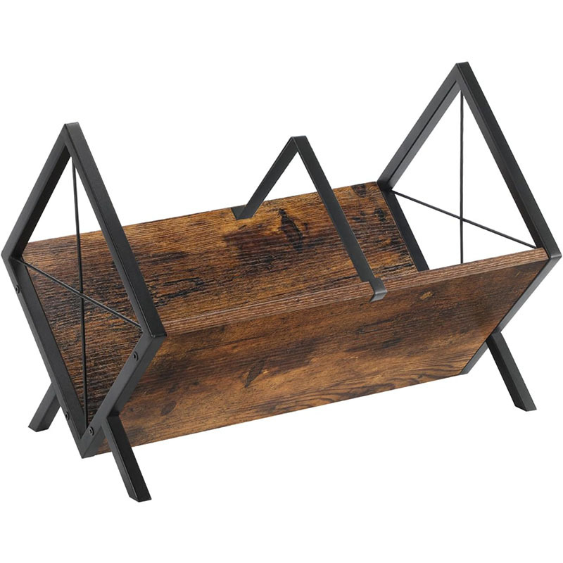 铁艺黑胶唱片架桌面复古铁木结合唱片收纳架创意杂志储存架亚马逊白底实物图