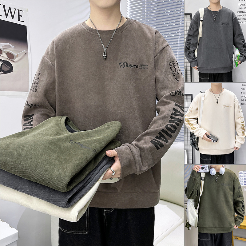 Men's long-sleeved T-shirt, spring and autumn trendy brand ins round-neck suede printed sweatshirt, men's base layer shirt, top for teenagers