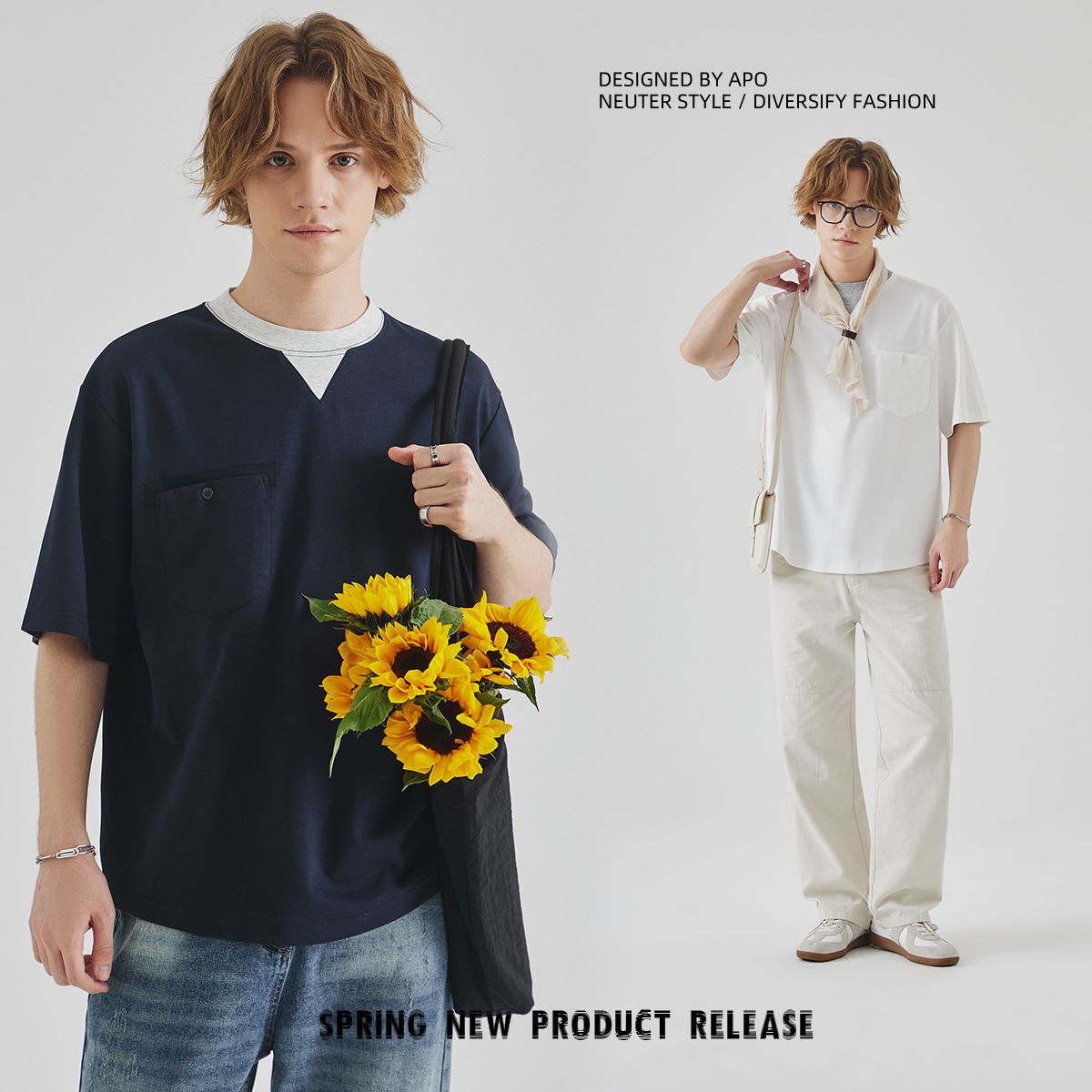 APO Men's Wear: Summer color-blocking and patchwork fake two-piece short-sleeved T-shirt for men, loose round-neck inner layer top and base layer Specification image