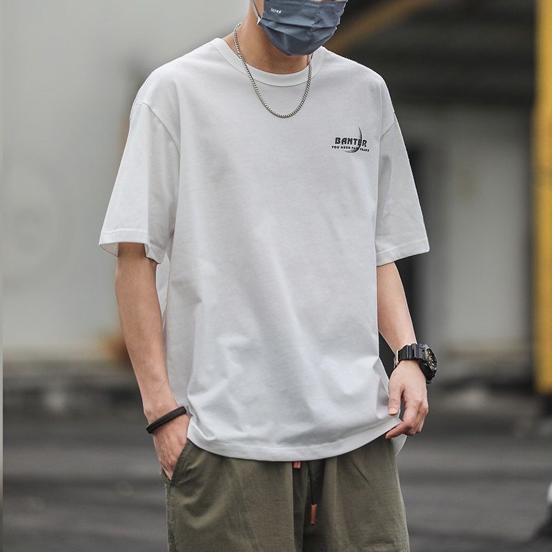 夏季蓝色纯棉短袖t恤男美式宽松大码ins潮牌半袖日系字母青年体恤 details Picture