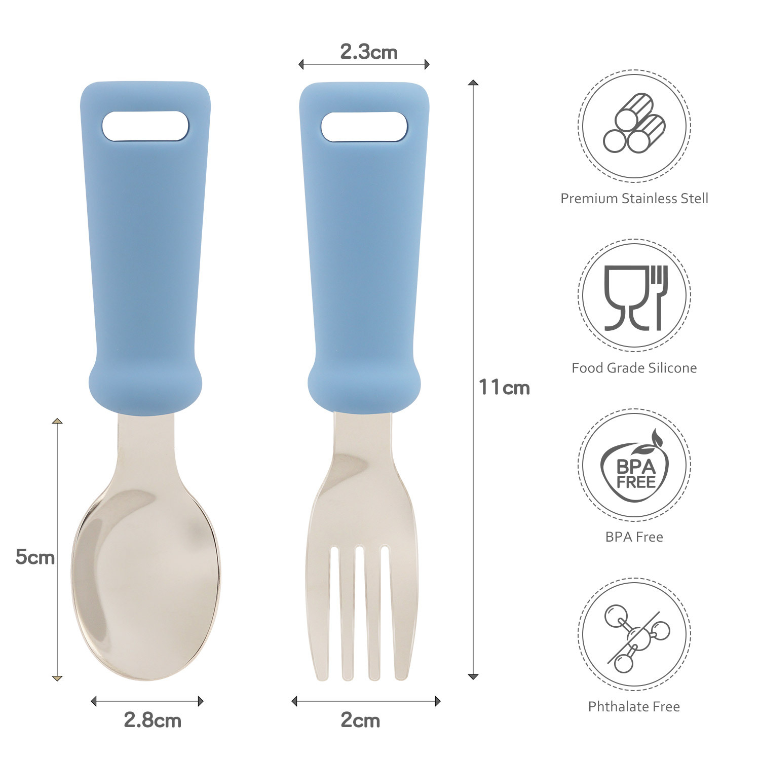 Short-handled stainless steel spoon, children's silicone spoon, creative and simple with holes for hanging hooks, fork, baby training to learn to eat Specification drawing