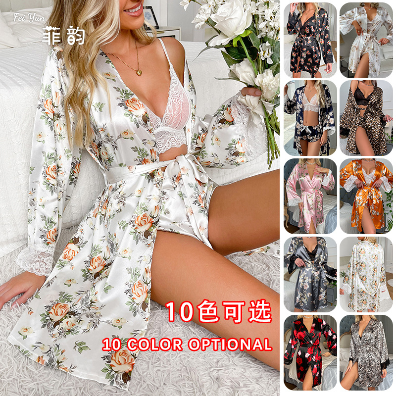 Feiyun's new Amazon bestseller silk-like women's bathrobes, sexy patchwork home wear, bathrobes and pajamas, 389