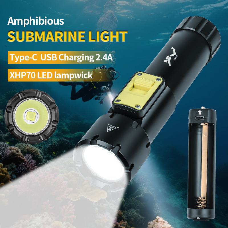 Cross-border XHP70 Diving flashlight, professional underwater lighting, waterproof flashlight, USB charging, amphibious flashlight details Picture