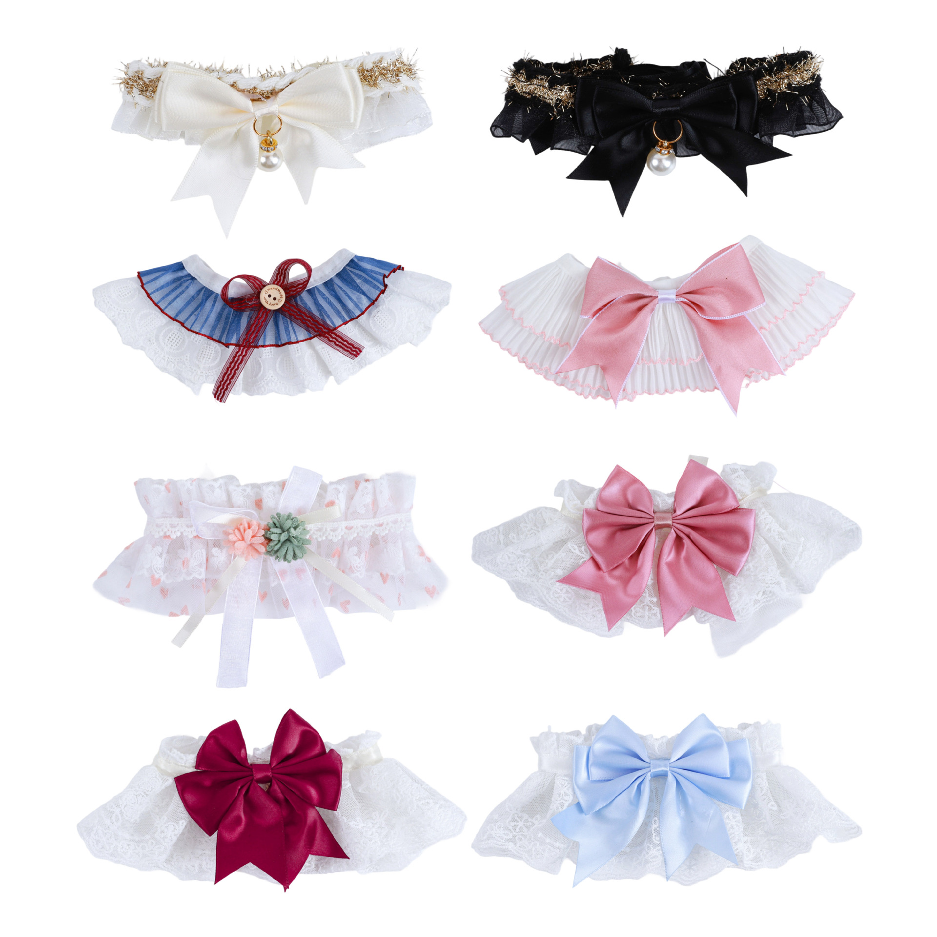 宠物项圈猫咪口水巾狗狗爱心蕾丝围脖蝴蝶结花朵珍珠宠物口水巾白底实物图