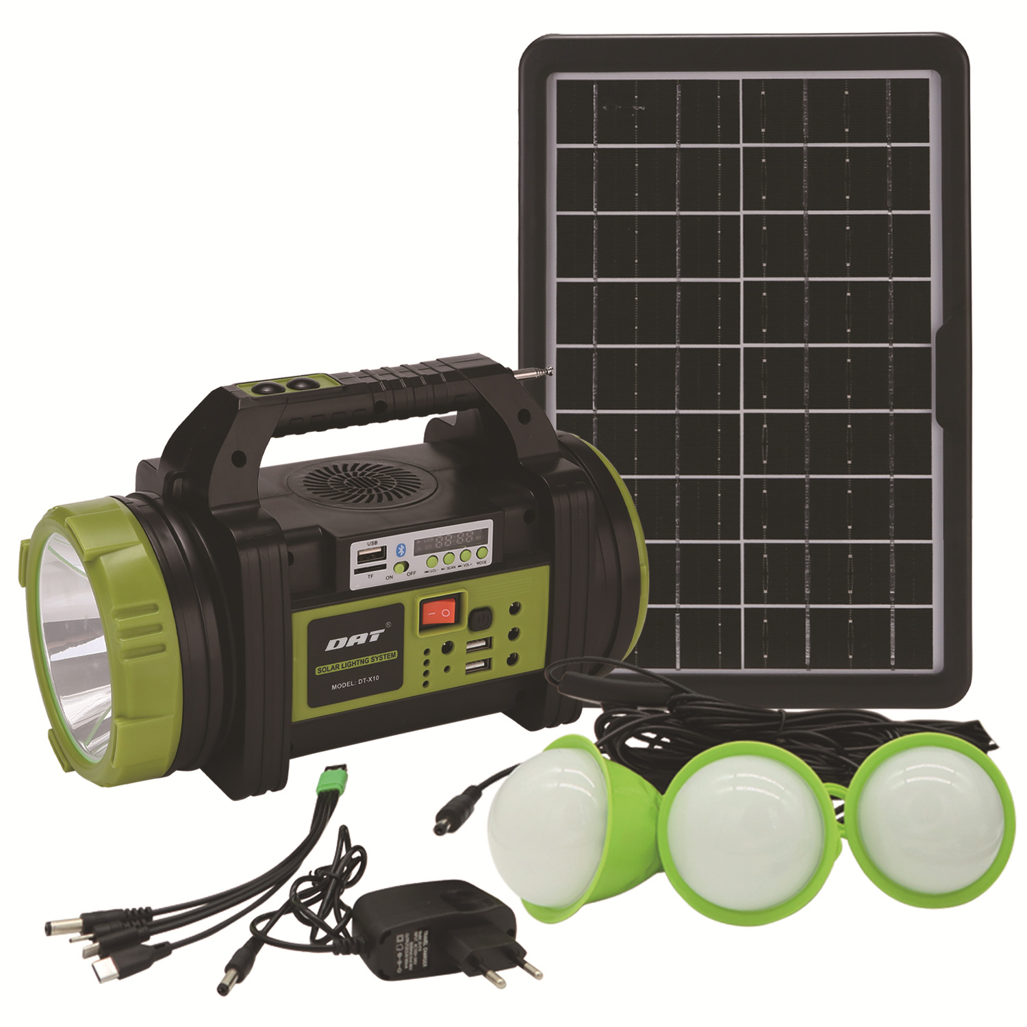 DT-X10太阳能照明小系统便携式带风扇蓝牙功能探照应急50W大功率白底实物图