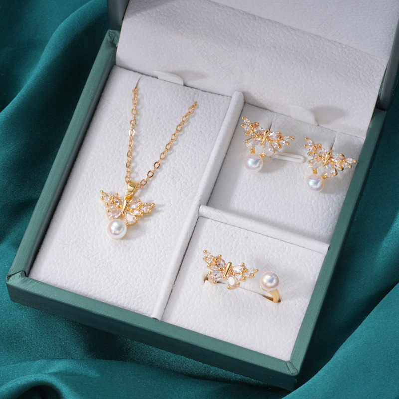 Pearl ring, earneedle pendant, three-piece set, empty stand, heavy butterfly design, high-end feel, DIY light luxury, high-end feel details Picture