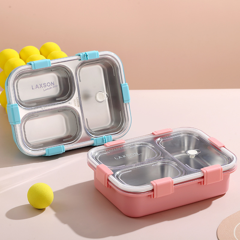 Simple packaging three-compartment stainless steel Japanese-style lunch box without color box, compartments PP fork and spoon office lunch box Specification image