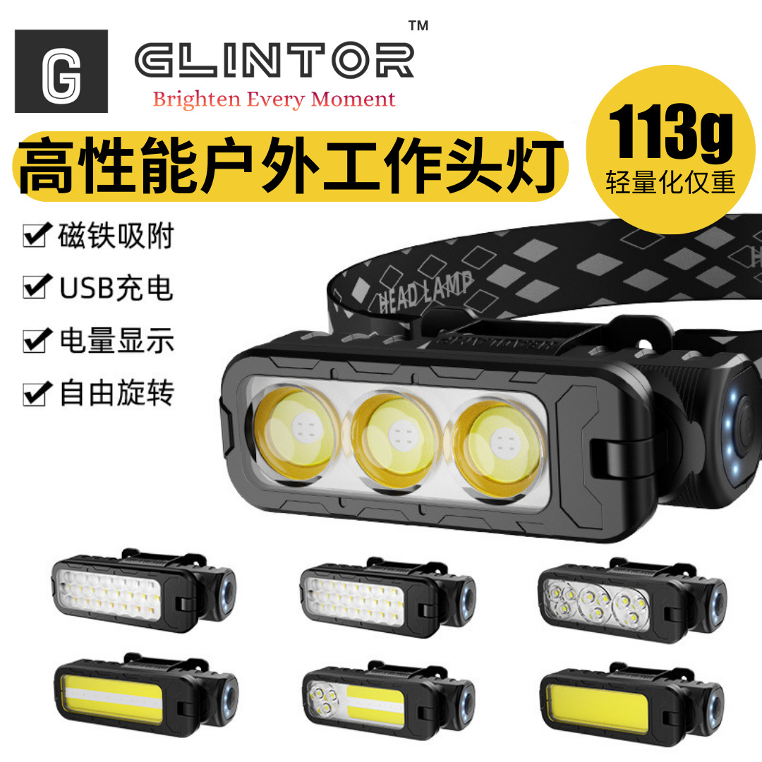 Cross-Border High-Intensity Led Headlamp, Magnetic Attraction, Electric Display, Rotatable Adjustment, Outdoor Work Light, Adventure Warning, Multi-Functional Headlamp