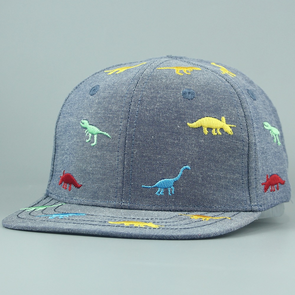 Spring and summer sun protection and shading children's hats, solid-colored skin-friendly cotton flat tongue hats, cute dinosaur embroidered flower hip-hop hats Specification image