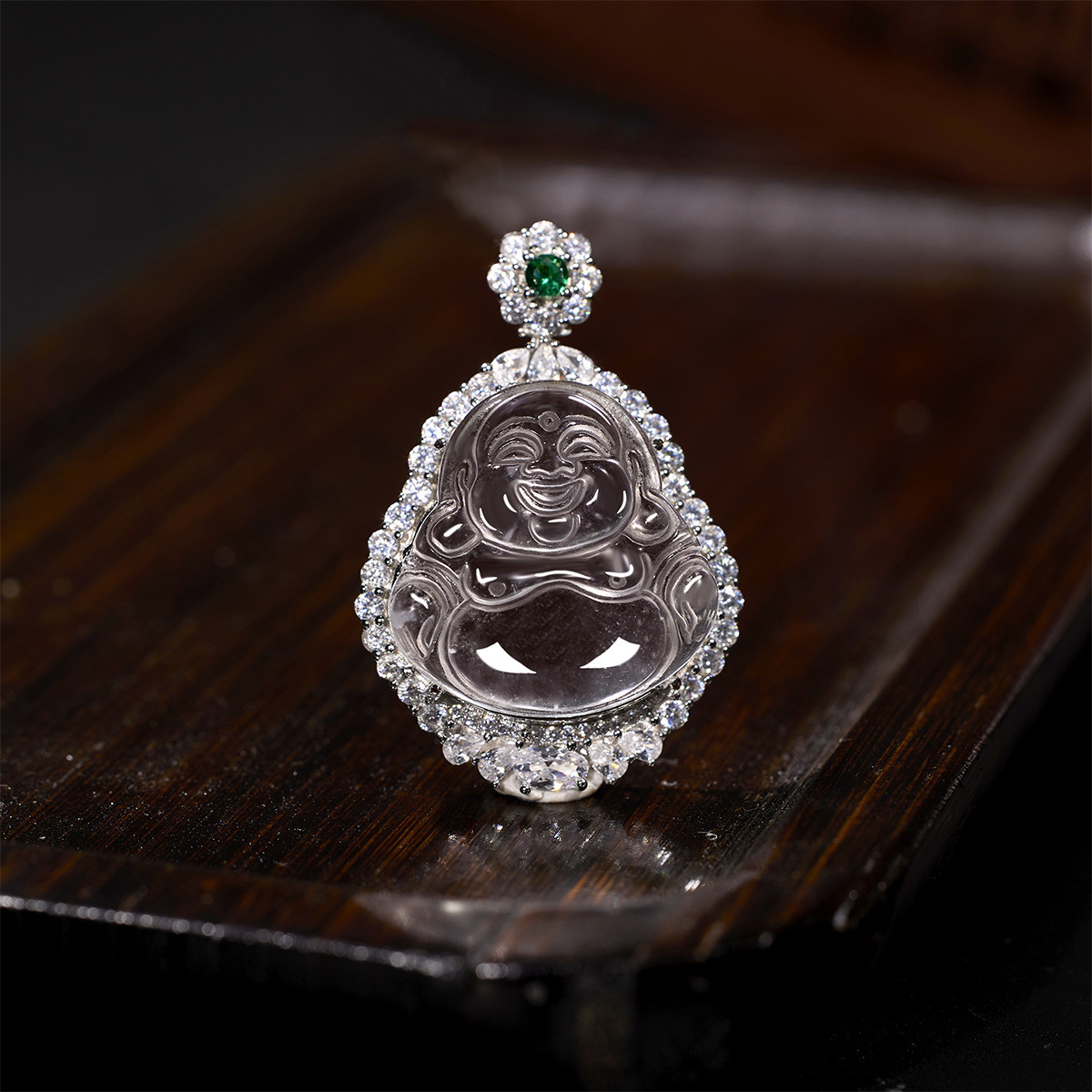 石英岩质玉大肚佛吊坠女新中式高冰佛公项坠国风银镶玉石