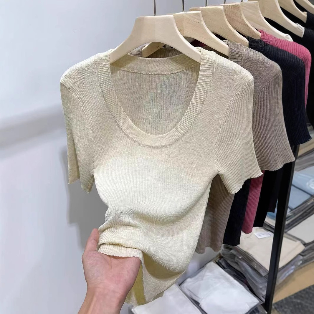 In 2025, a Korean-style U-neck off-the-shoulder knitted short-sleeved sweater for women, a thin solid color versatile spring short top for women details Picture