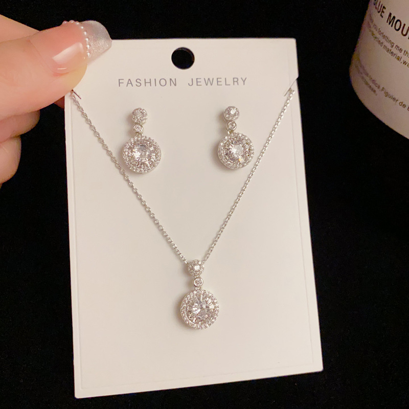 Wholesale of trendy, light luxury, versatile, super shiny zirconium ring pendant necklace set, simple and elegant commuting earrings details Picture