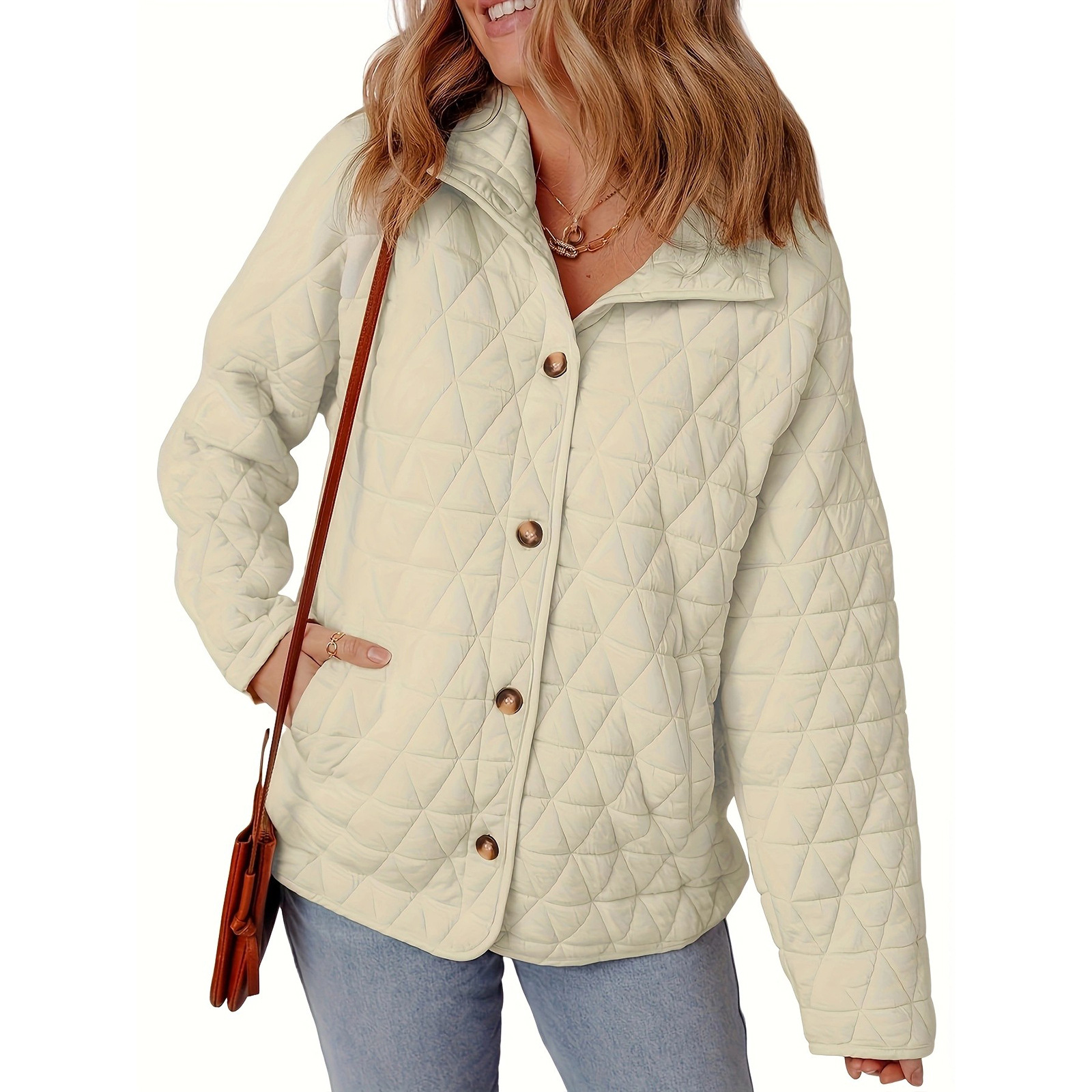 Cross-border cross-border foreign trade wholesale 2025 autumn/Winter new style European and American style quilted thread decorated simple solid color round neck loose cotton-padded jacket details Picture